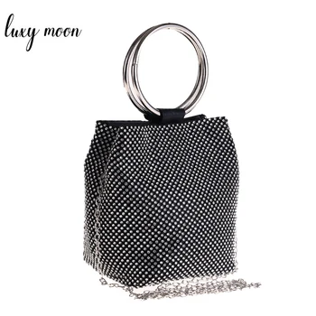 

Ladies Mini Handbag Diamond Black Bucket Bag Luxury Women's Clutch Evening Bag Wedding Purse Metal Chain Shoulder Bag ZD1617