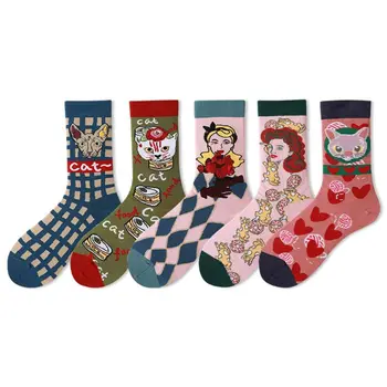 

Japanese Lolita Women Funny Cotton Crew Socks Anime Cartoon Cat Dog Printed Jacquard Contrast Color Mid Tube Hosiery