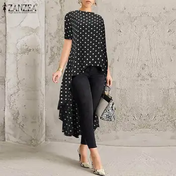 

Top Fashion 2020 ZANZEA Summer Tunic Tops Women Printed High Low Shirt Short Sleeve Polka Dot Blouse Female Long Blusas Chemise