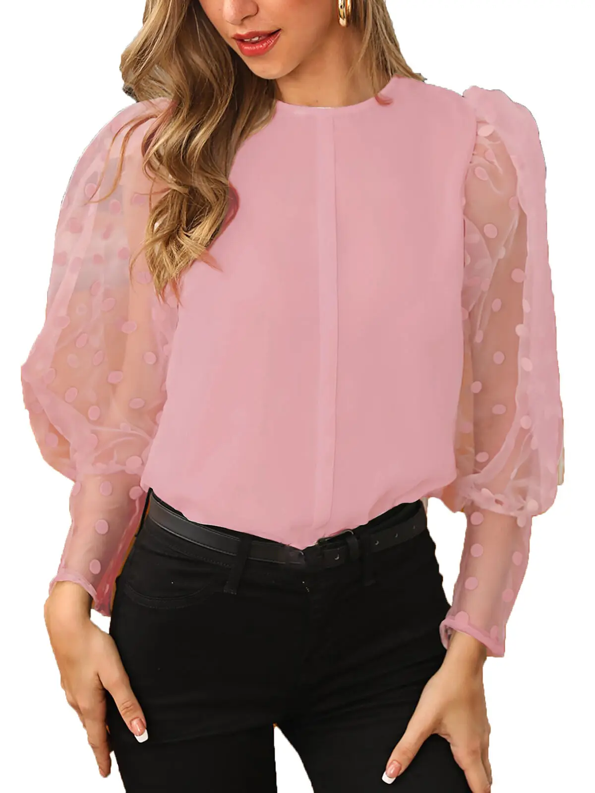 Новинка, женская элегантная офисная деловая блуза, женская прозрачная сетчатая блуза в горошек с длинным рукавом-фонариком, свободная однотонная блузка размера плюс - Цвет: Розовый