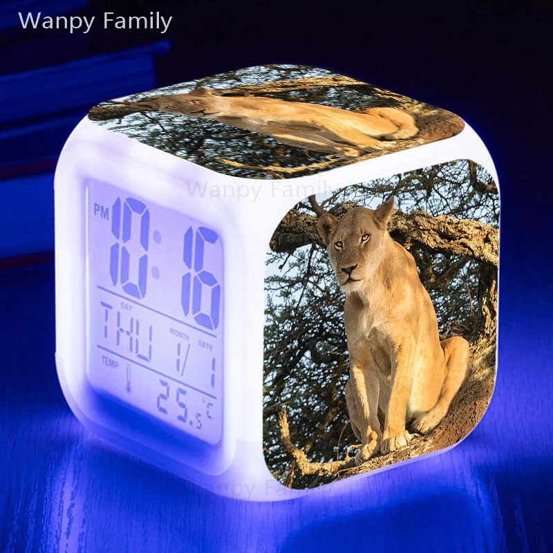 Animal Lion Alarm Clock 7 Color Glowing LED Digital For Kids Birthday Gift Multifunctio Luminous Electronic | Дом и сад