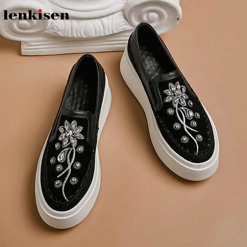 

Lenkisen new crystal studded soft sheep suede round toe high heels thick bottom sweet shiny slip on women vulcanized shoes L85