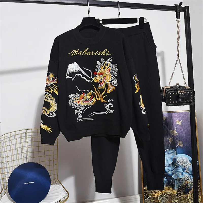 

2020 Fashion Embroidery Ladies Tracksuit Black Knitted Set 2pc Spring Autumn Loose Long sleeve Knit Sweater Long Pants Women Set