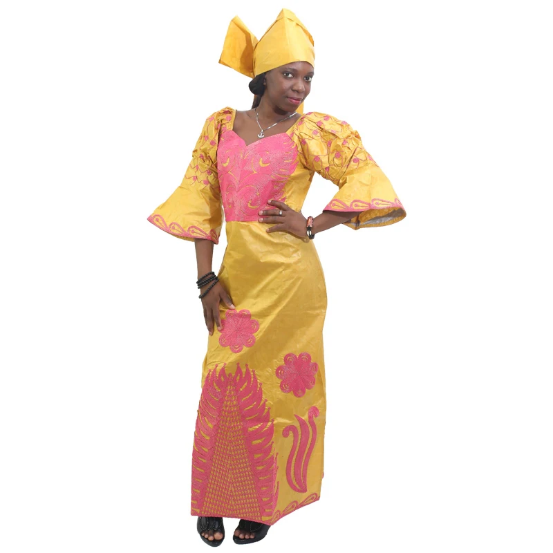 MD African Traditional Dress Women Bazin Riche Ankara Maxi Dresses Nigerian Wedding Embroidery Dashiki Dress With Headtie Turban