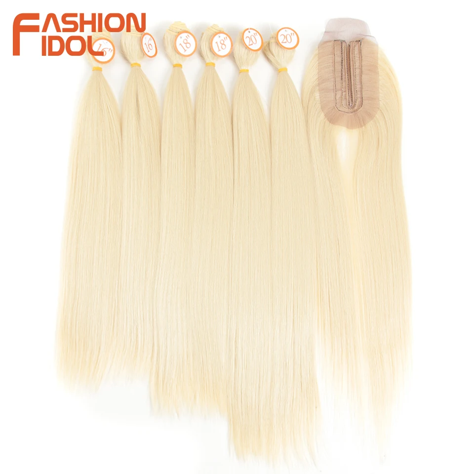FASHION IDOL Yaki Straight Hair Bundles 7Pcs/Pack 16-20inch Ombre 613# Synthetic Hair Bundles With Closure Weave Hair Extension
