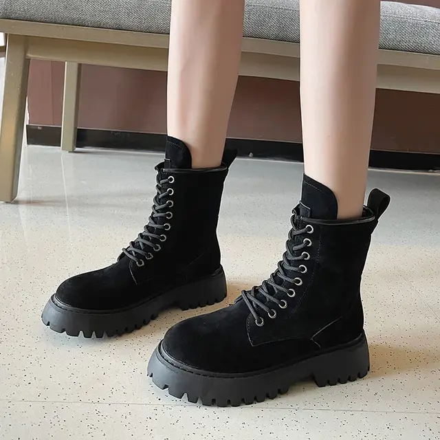 Vrouwen Pu Lederen Motorlaarzen Ronde Neus Lace Up Schoenen Dikke Med Hak  Dames Enkellaarsjes Herfst Winter 2022 Laarzen - AliExpress Schoenen