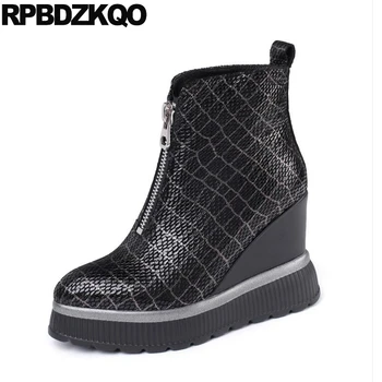

women ankle boots 2019 round toe fall 10 black wedge high heel sheepskin platform hidden plus size luxury shoes front zipper big
