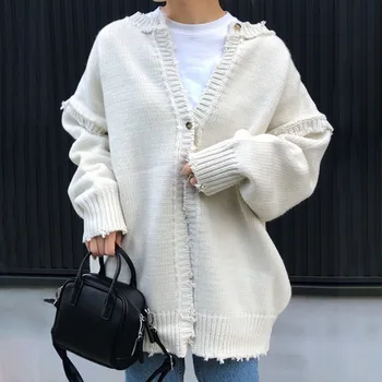 

Japan Korean Autumn Two-wear Knitted Cardigan With Raw Edge Personality Simple Fashion Harajuku Women Casual Loose Sweater Top