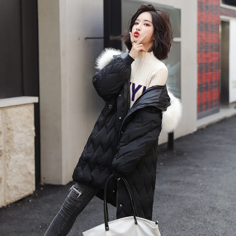 

2019 Winter South Korea Dongdaemun down Jacket Women's Mid-length Large Fur Collar Student Network Red BF Cotton-padded Clothes
