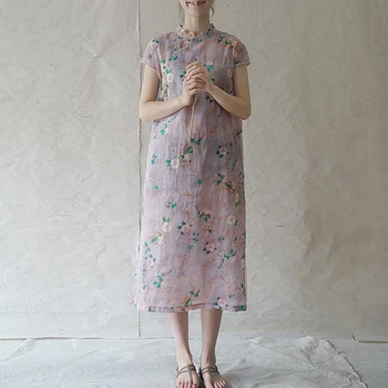 

Summer short-sleeved retro buckle linen dress high-end printed loose