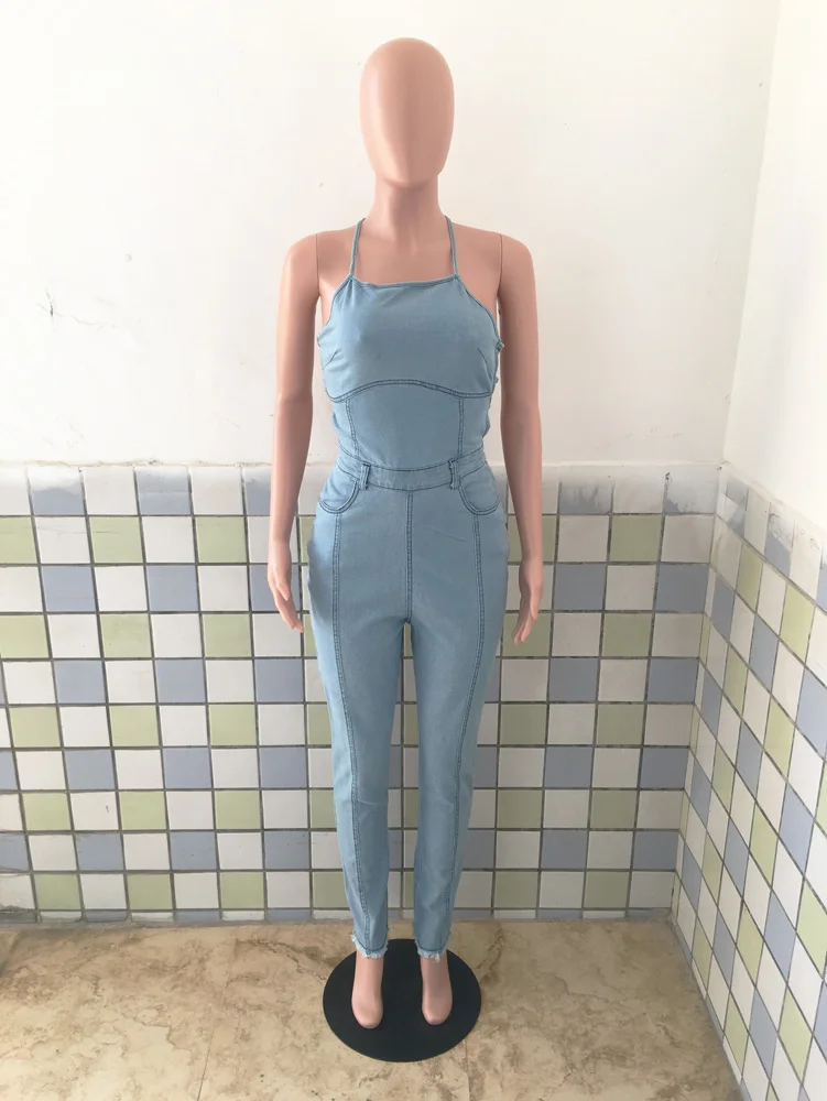 Backless Denim Overalls Sexy Women Halter Bodycon Blue Jeans