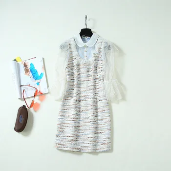

Autumn 2019 new European and American women's wear The horn sleeve Lace patchwork tweed fashion Doll neck dress