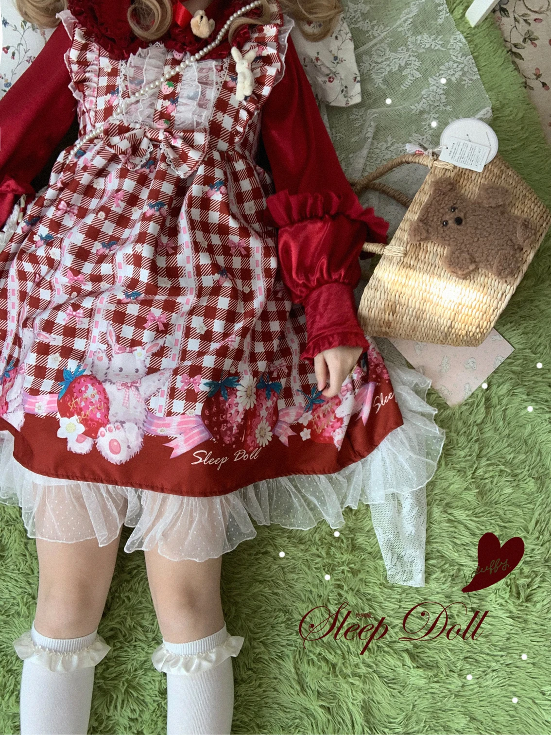 

Lolita Sweet Soft Girl Rabbit Strawberry Cute Plaid Printing Retro Lace Suspender Dress Kawaii Girl Gothic Lolita Jsk Cos