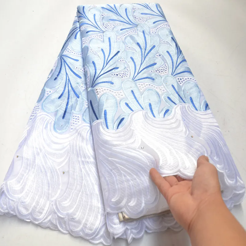 Белое небесно-голубое швейцарское кружево с вышивкой, французская кружевная ткань для шитья одежды, ткань с большим количеством камней DG282