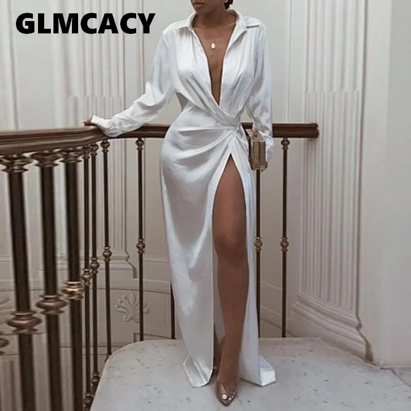 Online Frauen Feste Twisted Design Hemd Maxi Kleid Frauen Langarm Weiß Sommer Herbst Kleid Hohe Split Maxi Kleider Vestidos