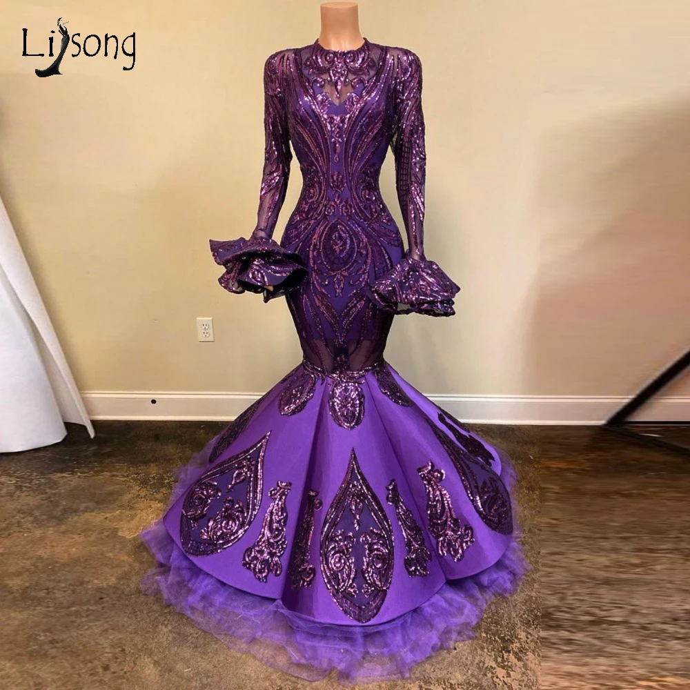 African Purple Sequined Lace Mermaid Prom Dresses With Flare Full Sleeves Real Image Long Evening Gowns Gonna Formal Dresses