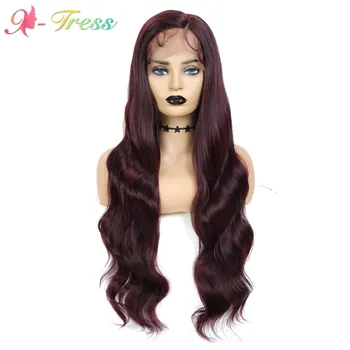 

X-TRESS 30inch Long Natural Wave Synthetic L-part Front Lace Wig For Black Women Dark Wine Color Wig High Resistant Fiber Hair