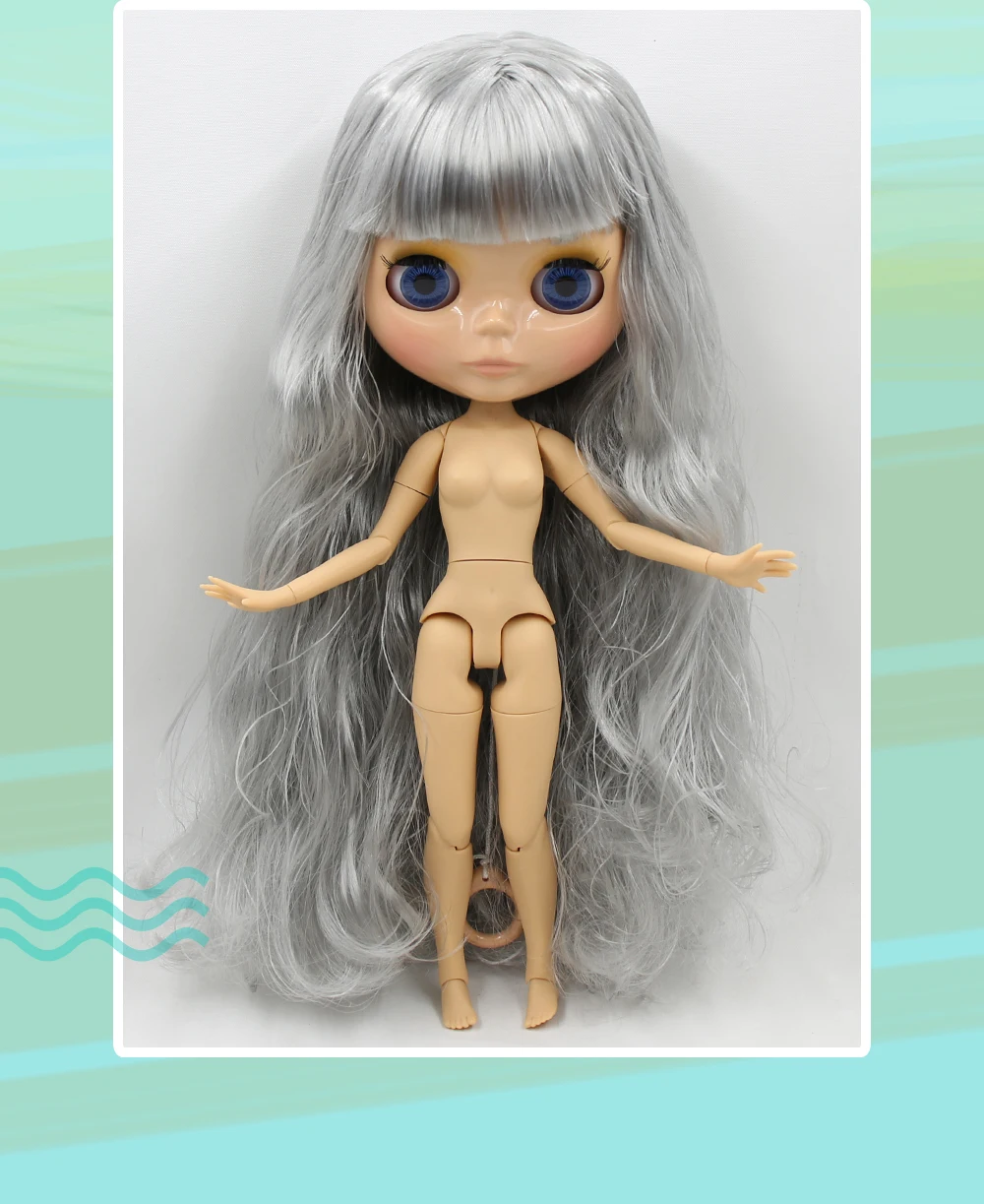 Neo Blythe-Puppe mit grauem Haar, hellbrauner Haut, glänzendem süßem Gesicht und werkseitig gegliedertem Körper 3