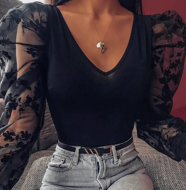 

Elegant Transparent Long Sleeve Appliques Patchwork Black Mesh Blouse Women 2019 V-Neck Stylish Shirt Tops Femme White