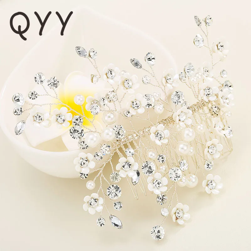 

QYY Fashion 2019 White Small Flowers Crystal Pearls Bridal Hair Combs Bridal Hair Clips Wedding Hair Ornaments Jewelry for Bride