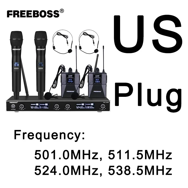 FREEBOSS FB-U400H2 4 Channel UHF Wireless Microphone System with 2 Bodypack and 2 Handheld Microphone of Church Family Party 