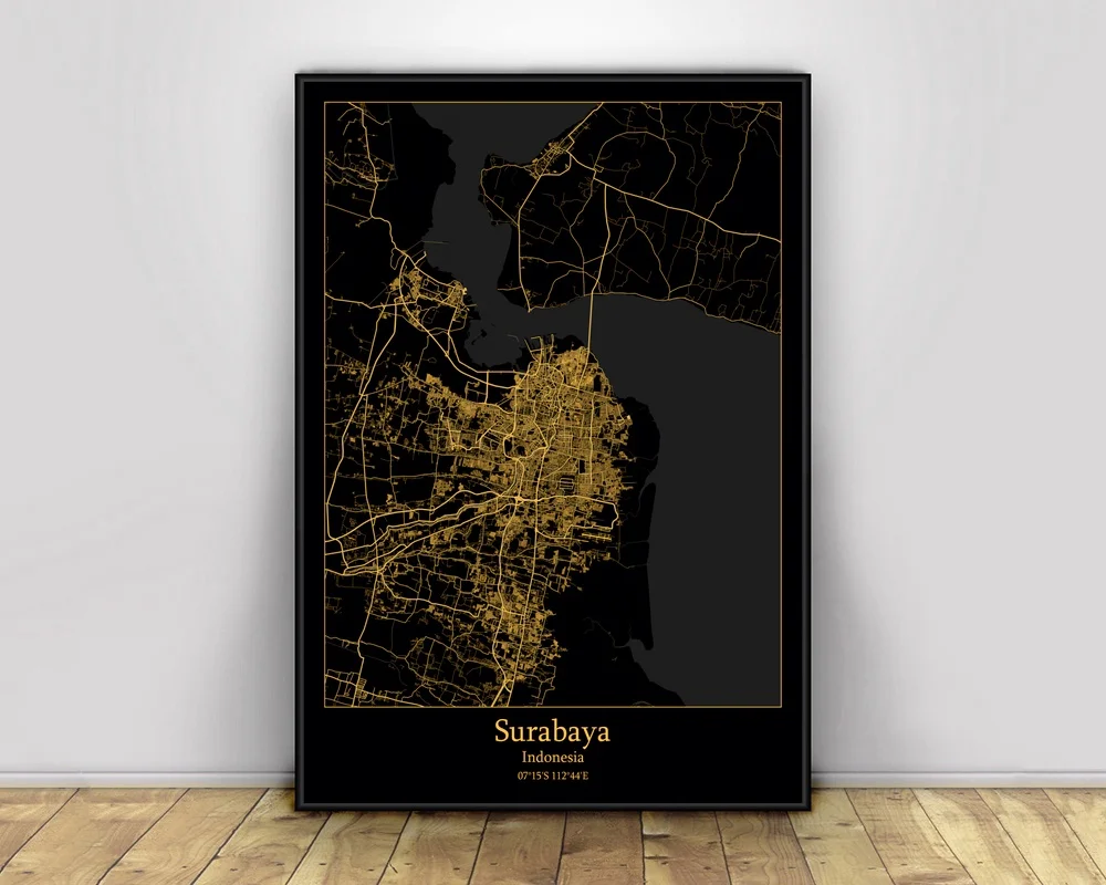 Surabaya Indonesia Black&gold City Light Maps Custom World City Map