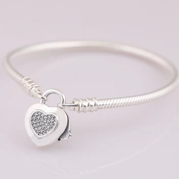 

New 925 Sterling Silver Bracelet MOMENTS Pave Love Heart padlock Clasp Snake Bracelet Bangle Fit Bead Charm Diy Europe Jewelry