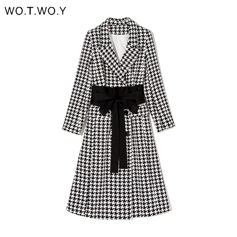 

WOTWOY Double-Breasted Belted Houndstooth Trench Coats Women Elegant Autumn Winter Long Coat Women Sashes Outwear Windbreaker