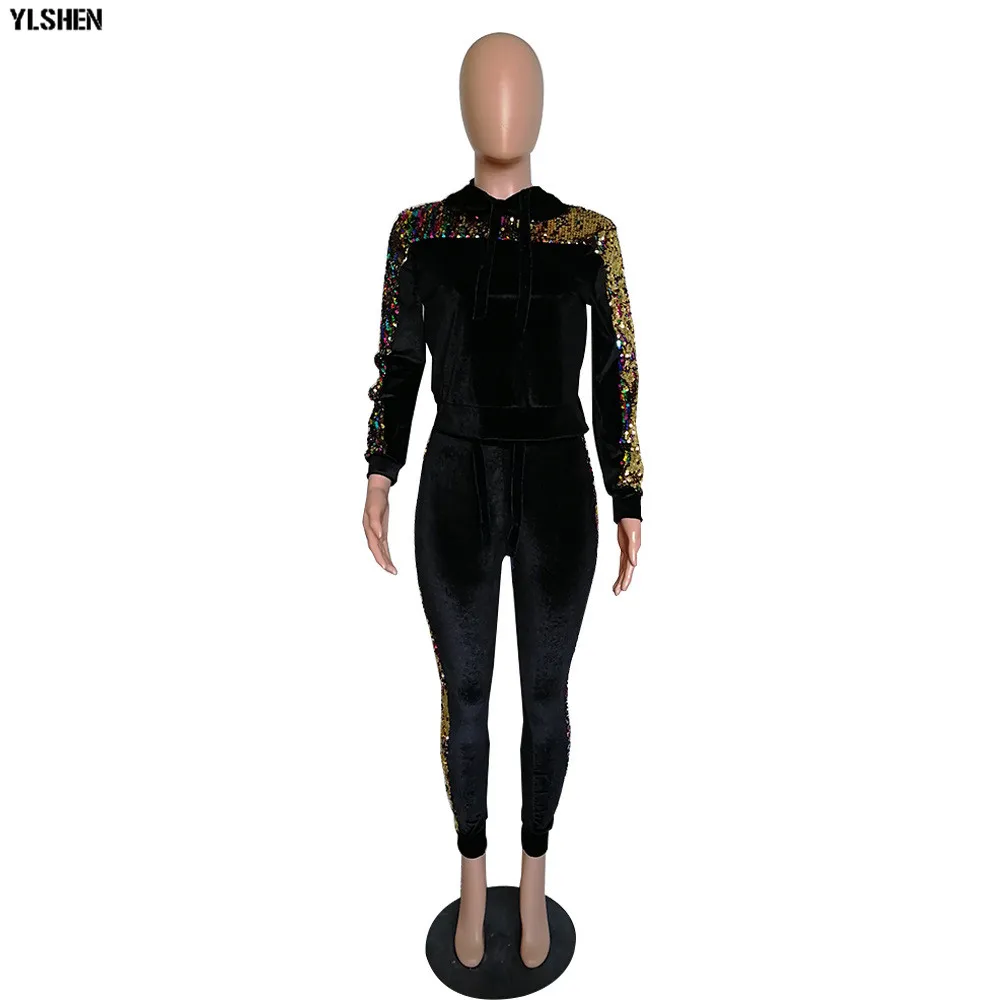 2 Two Piece Set Velvet Tracksuit Women Sexy Sequins Jogging Femme Plus Size Long Sleeve Tops +Pants Sweat Suits Matching Sets 15