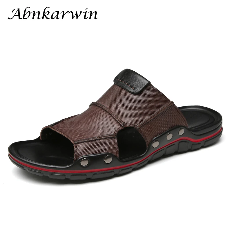 

Abnkarwin Brand Summer Leather Slides Flat For Men Slippers Casual Black Palm Slide Slipper Outdoor New 2021 Big Size 49