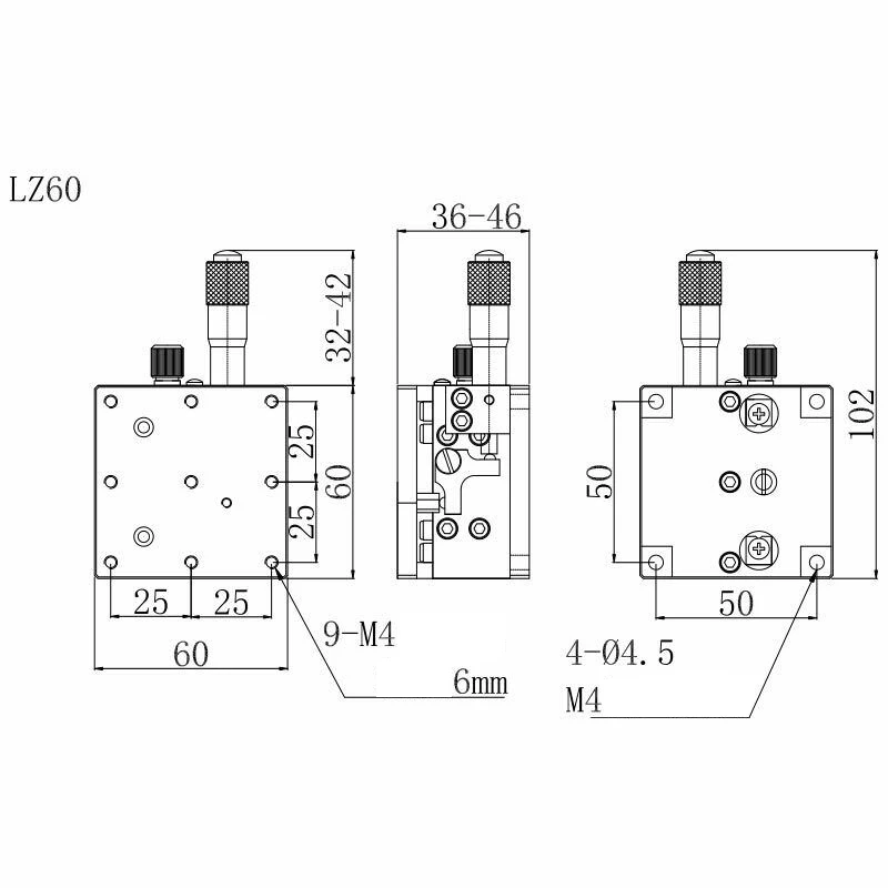 Ось Z 60x60мм платформа оптического перемещения Высокоточный микрометр