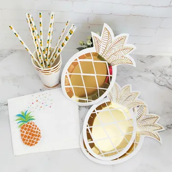 

8Sets Foil Gold Tableware Pineapple Plates Napkins Straws Cups Paper Setting Decor for Wedding Engagement Birthday Party Supply