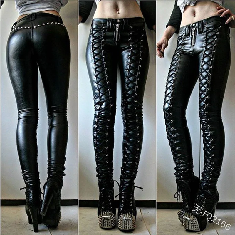 Women Retro Pu Pants Leather Steampunk Bandage Lace Up Pencil Pants ...