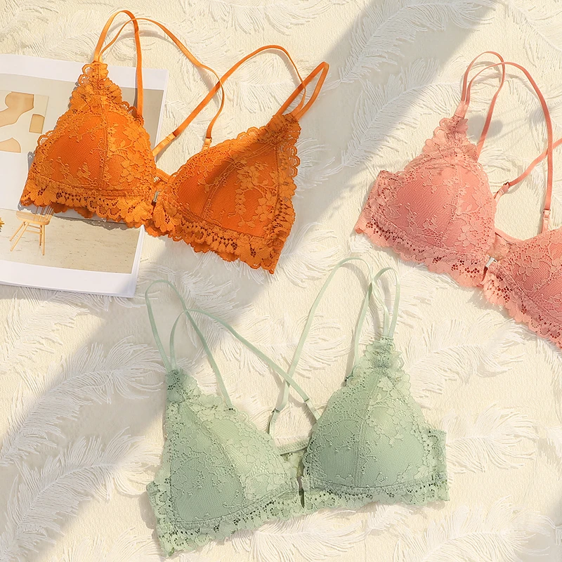 

Ladies Sexy Lace padding free wire Triangle lingerie Sets bra sets cross strap front Closure lace lingerie bra sets