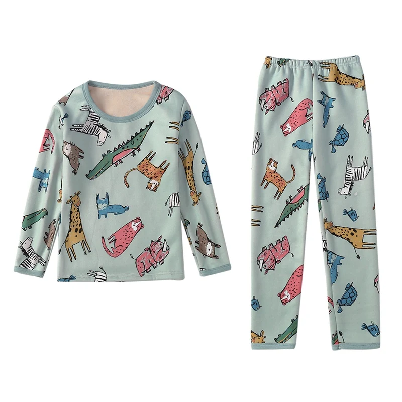 Kids Baby Pajama Sets Autumn Baby Kids Girls Boys Cartoon Print Plus Velvet Sleepwear Set Long Sleeve Blouse Tops+Pants Pajama