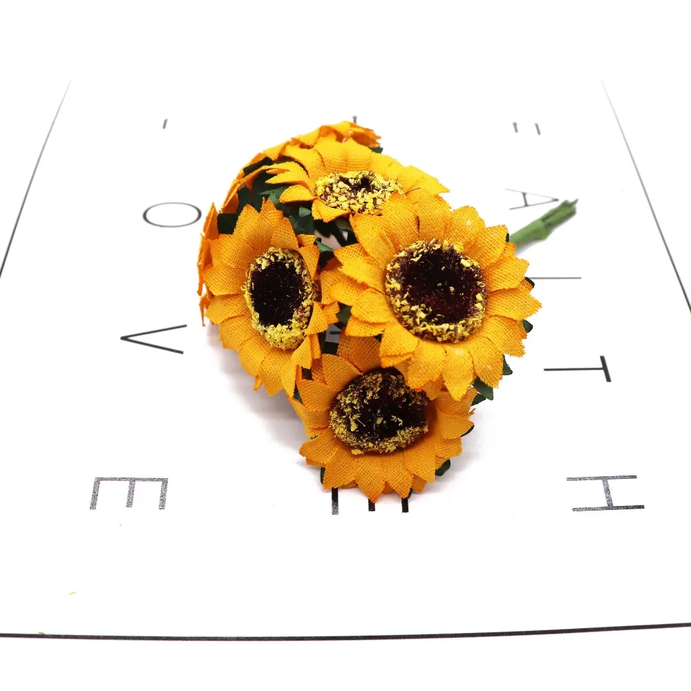 6pcs/3.5cm Mini Silk Sunflower Gerbera Artificial Flower Wedding Dresser DIY Wreath Gift Box Cut& Clip Craft Fake Flower