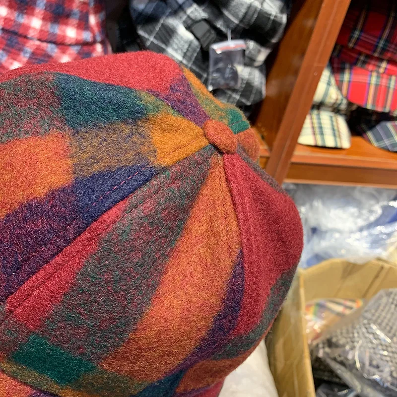 Autumn Winter Women Wool Blend Bucket Hat Red Blue Colorful Plaid Fisherman Hats Fashion Casual Street Dome Visor Cap Adjustable