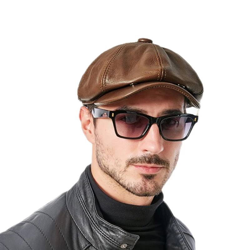 Hats Men Winter 100% Genuine Leather Warm Cap Male Beret Painter Boina Cowhide Octagonal Casquette Streetwear beret hat,woolen beret