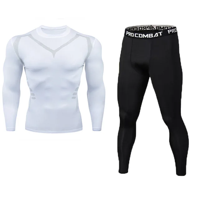 Мужской комплект для фитнеса, чистый черный компрессионный топ+ леггинсы, нижнее белье, Кроссфит, длинный рукав+ футболка с коротким рукавом, набор одежды - Цвет: 1