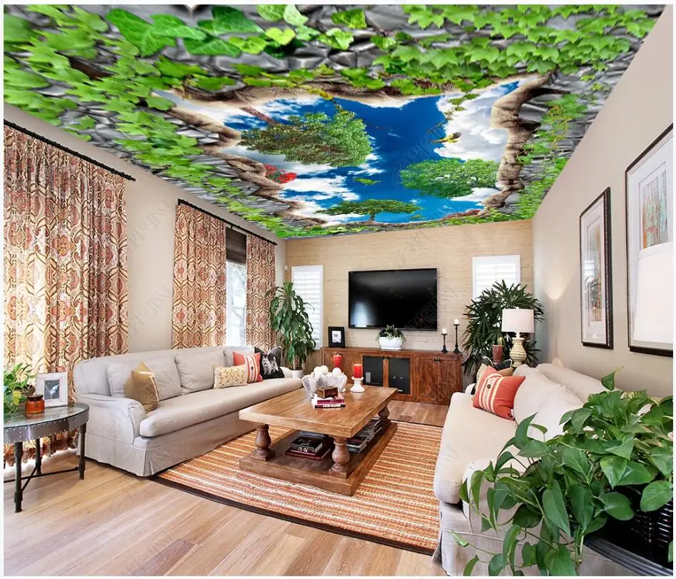 

Custom photo 3d wallpaper ceiling mural Looking up at the sky trees flowers landscape 3d wall mural wallpaper in the living room