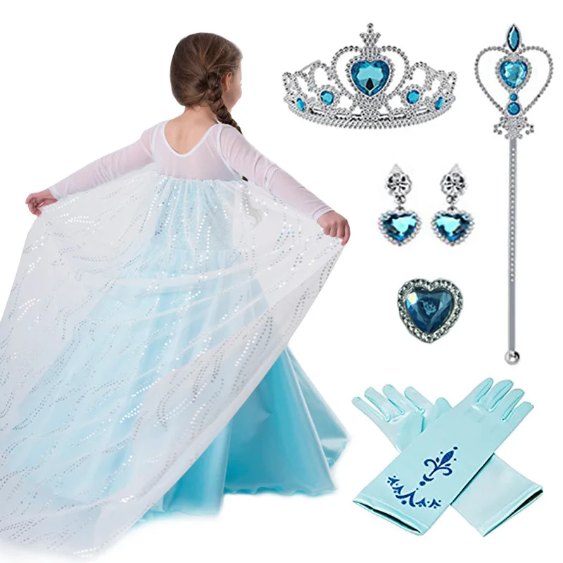 Сказочные платья Эльзы для девочек; платье Снежной Королевы; платье принцессы; волшебная палочка; парик с короной; обувь с кристаллами; Карнавальный костюм для рождественской вечеринки; От 3 до 10 лет
