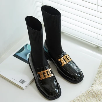 

2020 autumn and winter new arrivals in Europe and America women's flat boots metal decorative socks boots