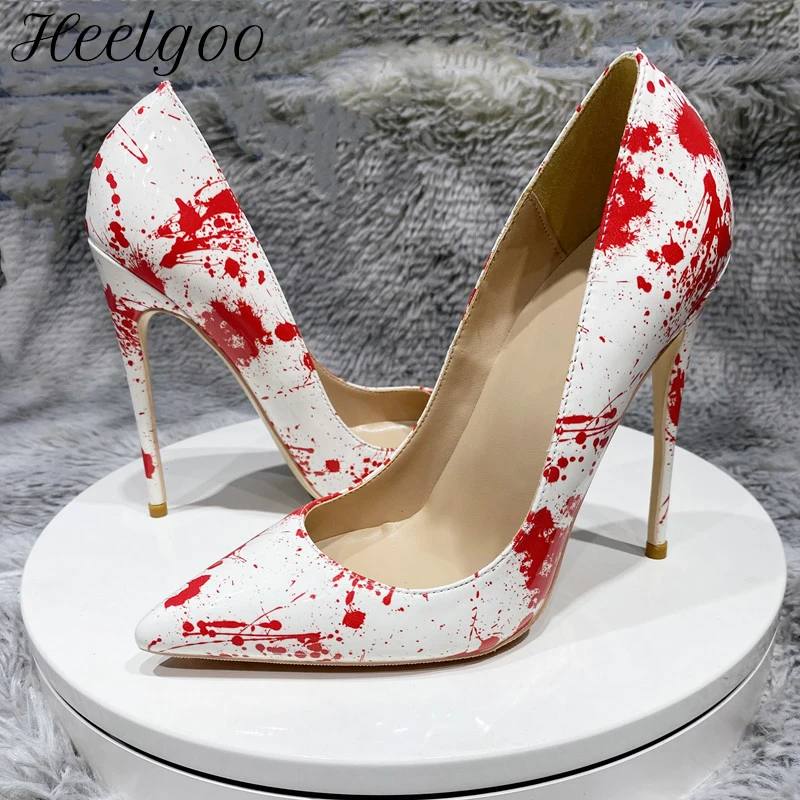 

Heelgoo White Graphic Print Women Patent Pointed Toe High Heel Shoes Chic Ladies Designer Slip On Stiletto Pumps Plus Size 33-45