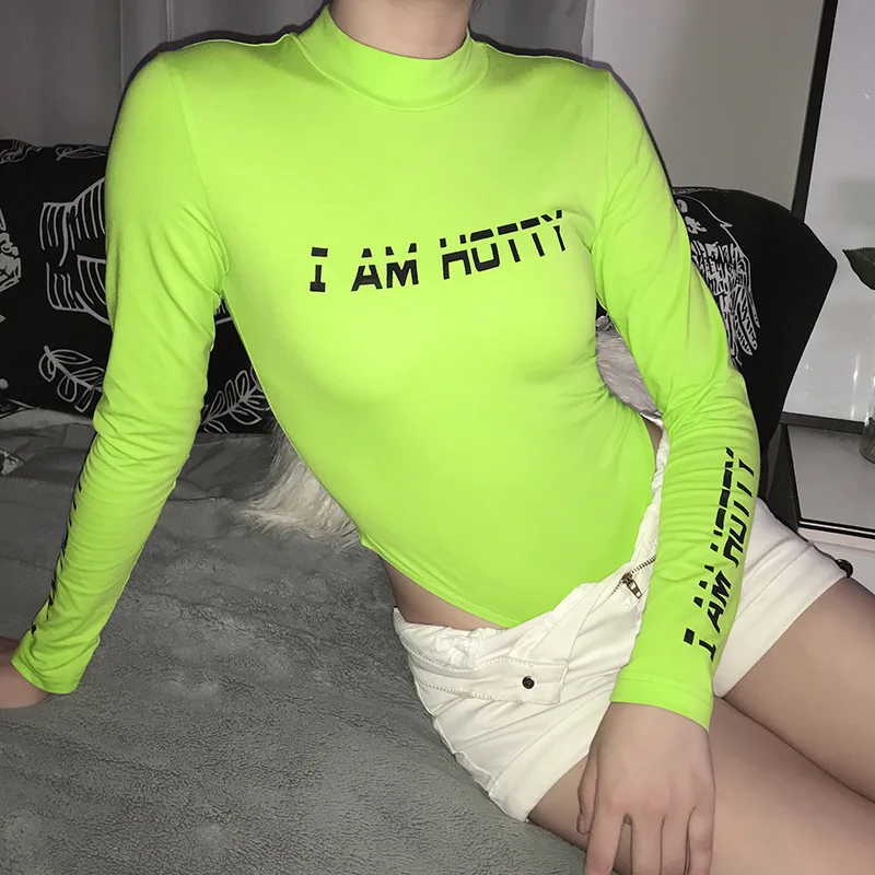 

Harajuku Neon Green Bodysuit Long Sleeve Autumn Body for Women Jumpsuit Letter Print Fashion Neon Bodysuits Bodycon