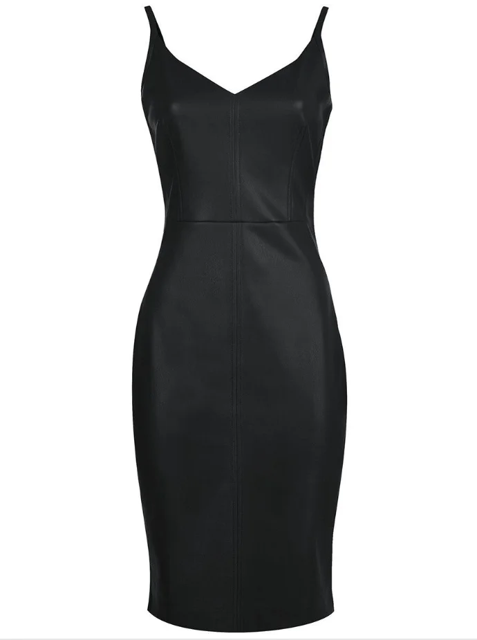 Для женщин сексуальное Клубное платье из искусственной кожи Спагетти ремень вечерние платья платье без рукавов с v-образным вырезом, элегантное платье-футляр Новинка зимы, модное платье
