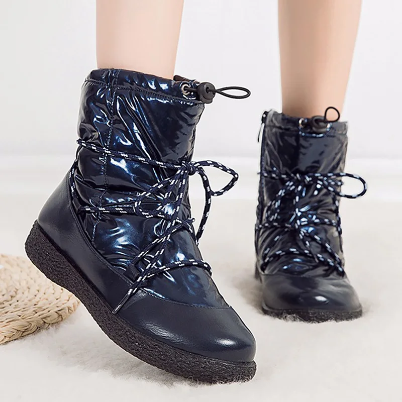 

Designer cross tied ladies winter shoes snow boots waterproof wedges womens warm boots mid calf female plush shoes 2019