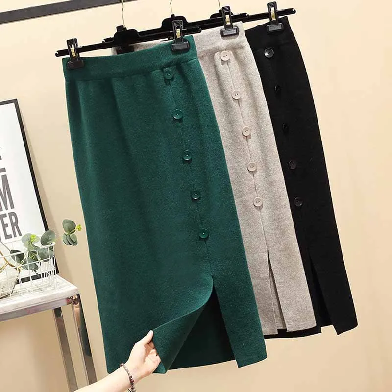 Эластичная Высокая талия женские вязаные юбки осень зима теплые прямые узкие пуговицы Тонкий ребристый сплошной цвет разрез миди юбки