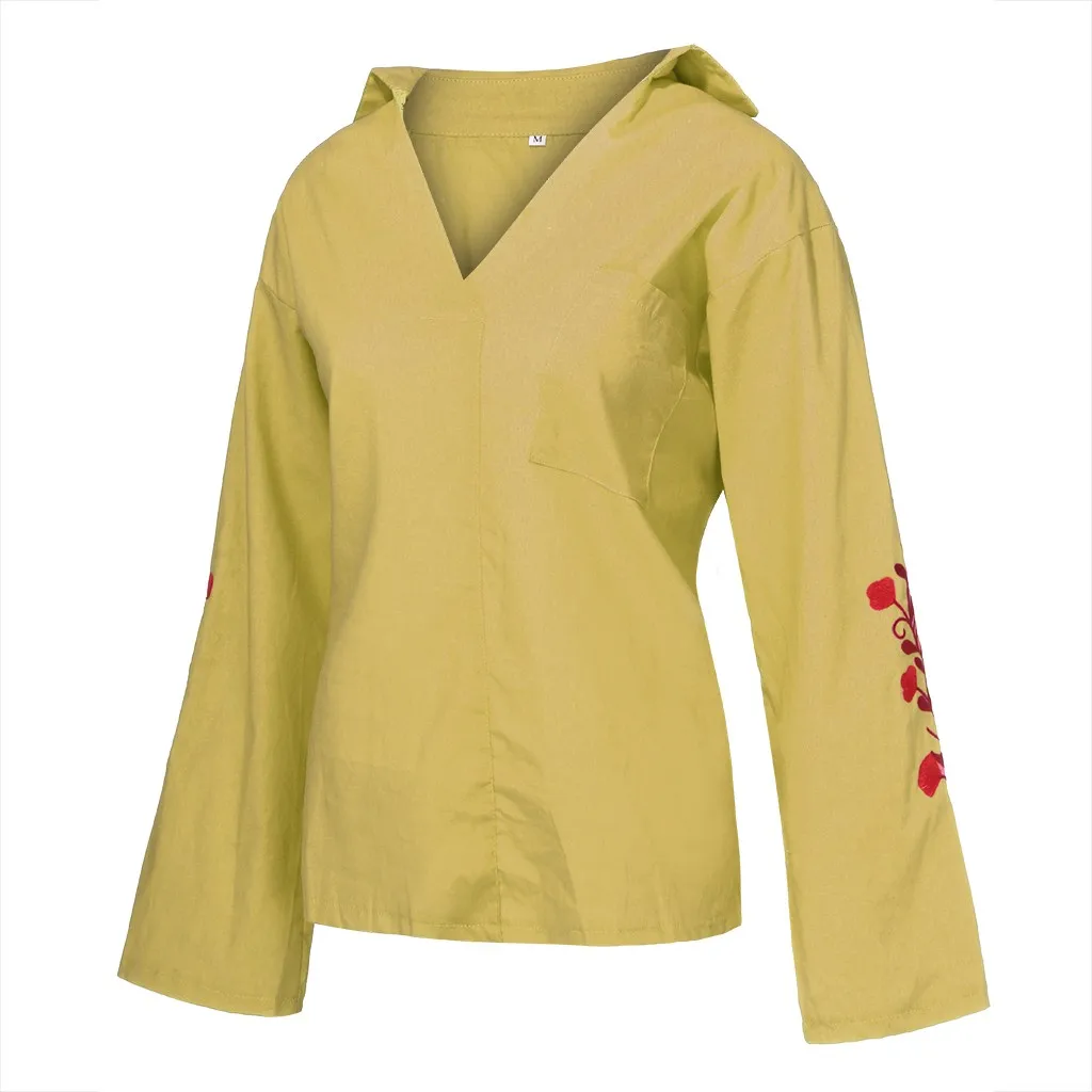 Блузка женская рубашка Осенняя однотонная с v-образным вырезом и длинными рукавами, Повседневная блузка с вышивкой, женские топы,, блуза для женщин Z4