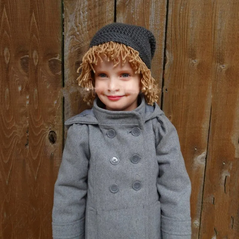 Children Funny Wig Cap Handmade Crochet Beggar Hat Parent-child Street Casual Cute Knitted Hats Warm Skullies Beanies Boys Caps