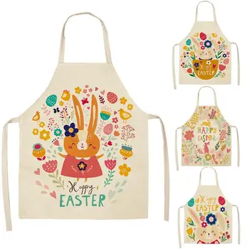 

1 Pcs Cartoon Rabbit Printed Kitchen Aprons for Women Kids Sleeveless Cotton Linen Cooking Cleaning Tools WQ88
